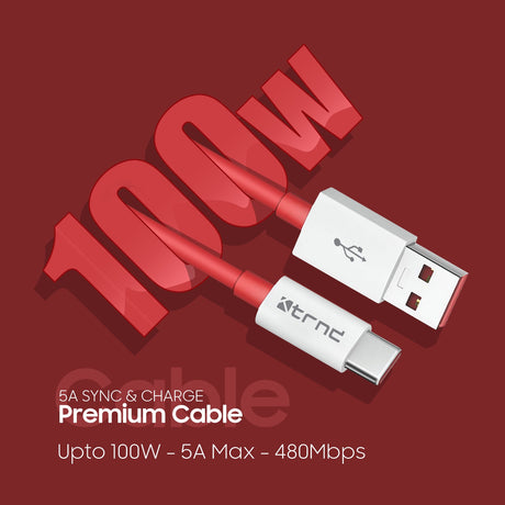 TRND Type A to C Data Cable - 100W, 5A, 480Mbps, Red